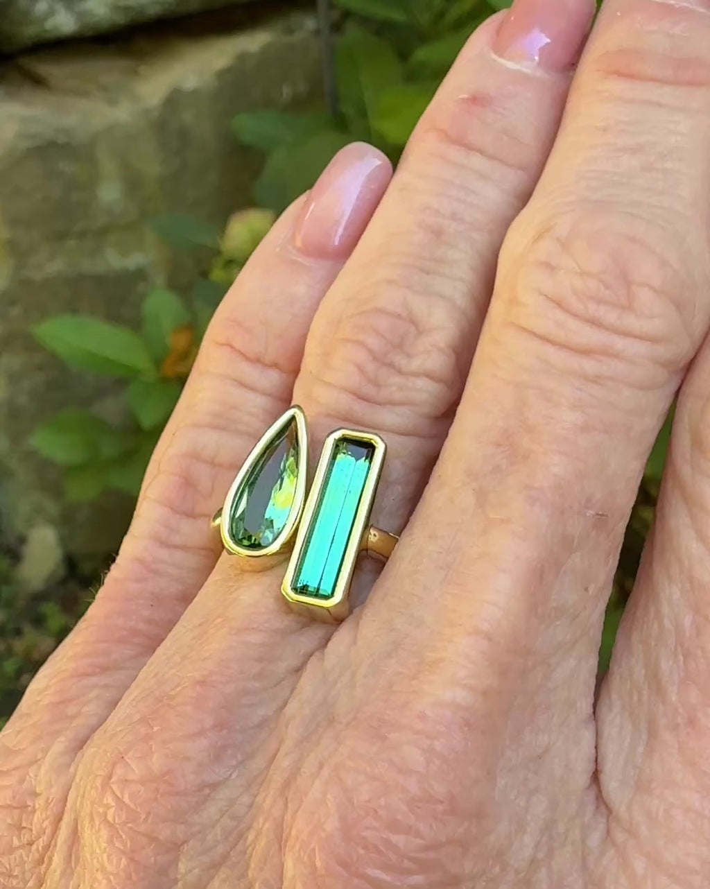 Elongated Pear Shape and Emerald Cut Green Tourmaline Duet Ring