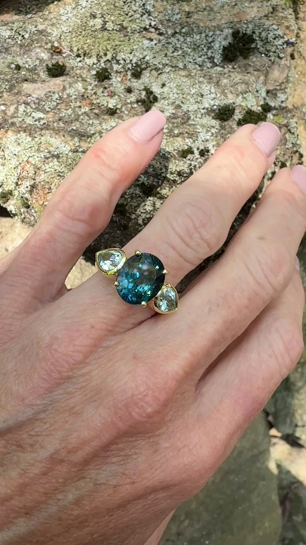 Oval Blue Topaz and Pear Shaped Aquamarine Triad Ring