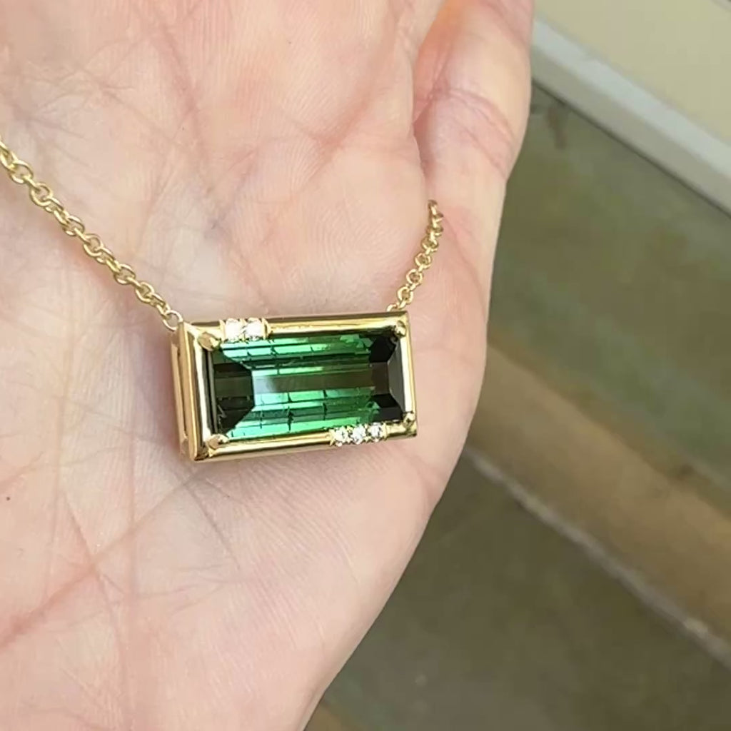 Emerald Cut Green Tourmaline Sprinkle Frame Necklace