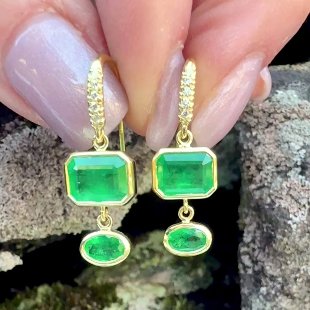 Emerald Cut and Oval Emerald Bezel Set Two Stone Joyce Earrings