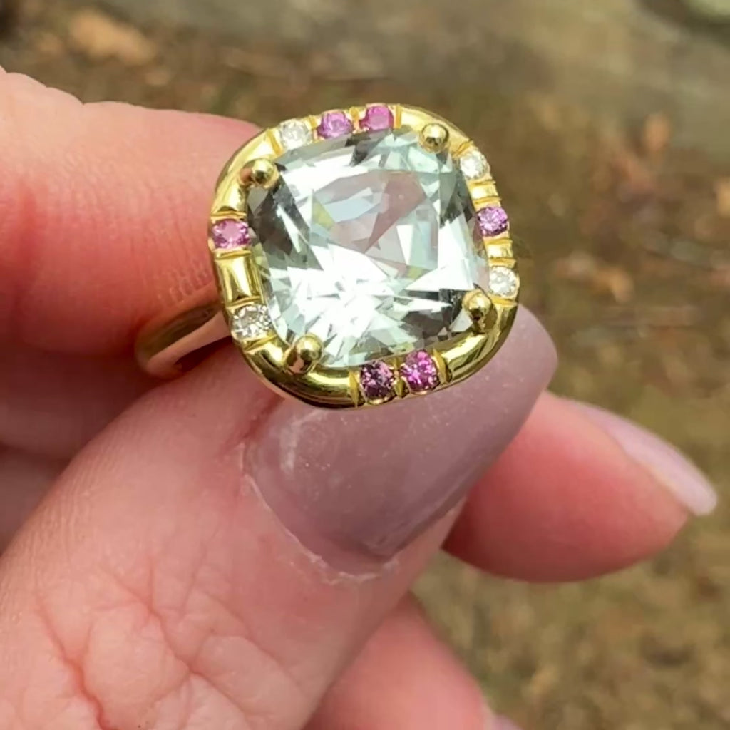 Cushion Cut Aquamarine and Pink Sapphire Sprinkle RIng