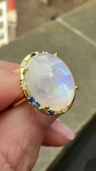 Rainbow Moonstone and Blue Sapphire Sprinkle Ring