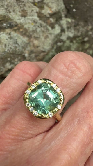 Cushion Cut Green Tourmaline Sprinkle Ring