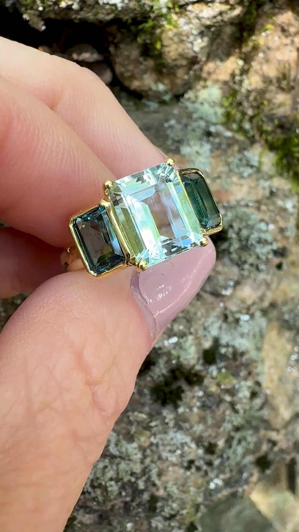 Emerald Cut Aquamarine and Blue Topaz Triad Ring