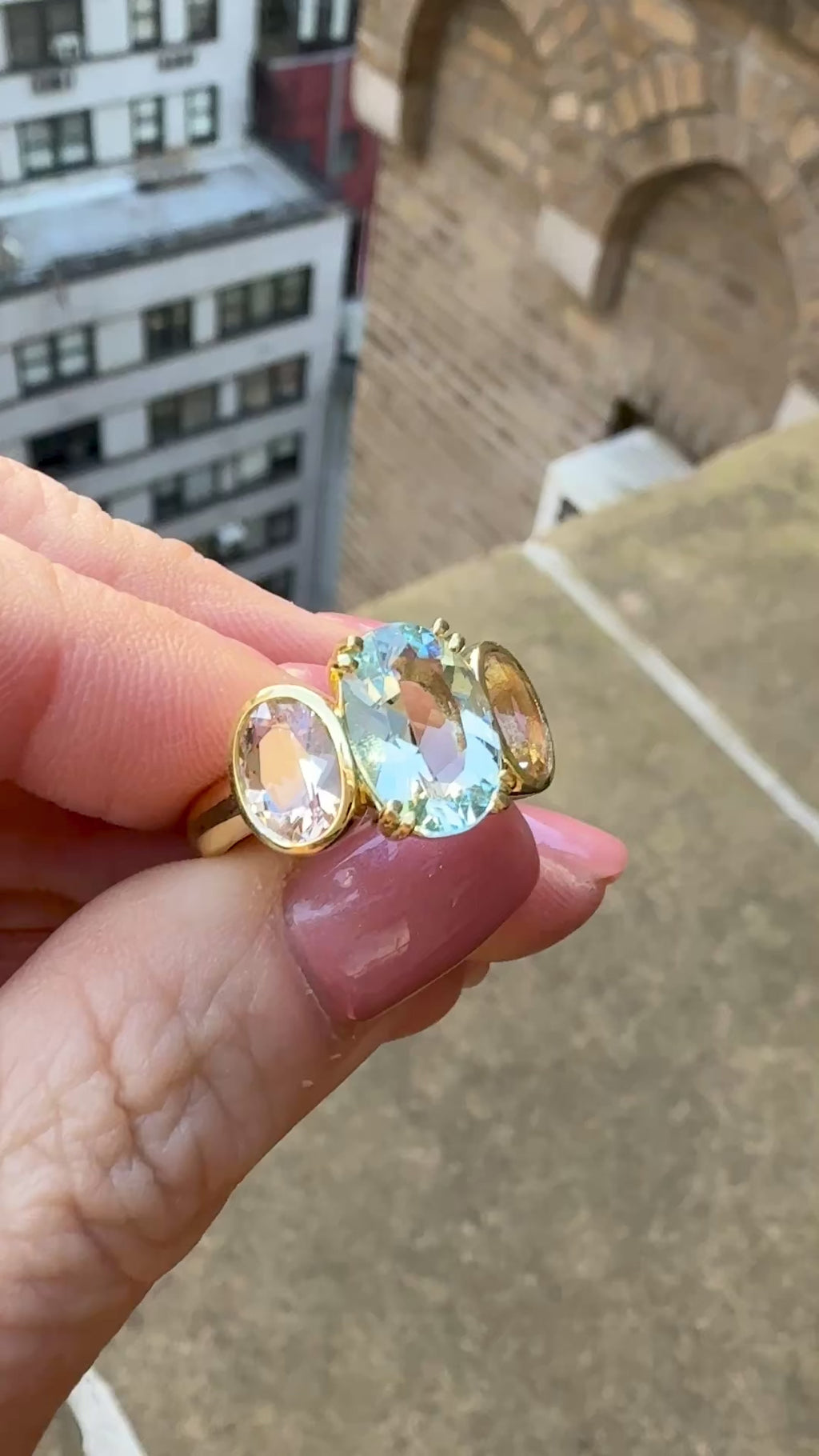 Oval Aquamarine and Morganite Triad Ring