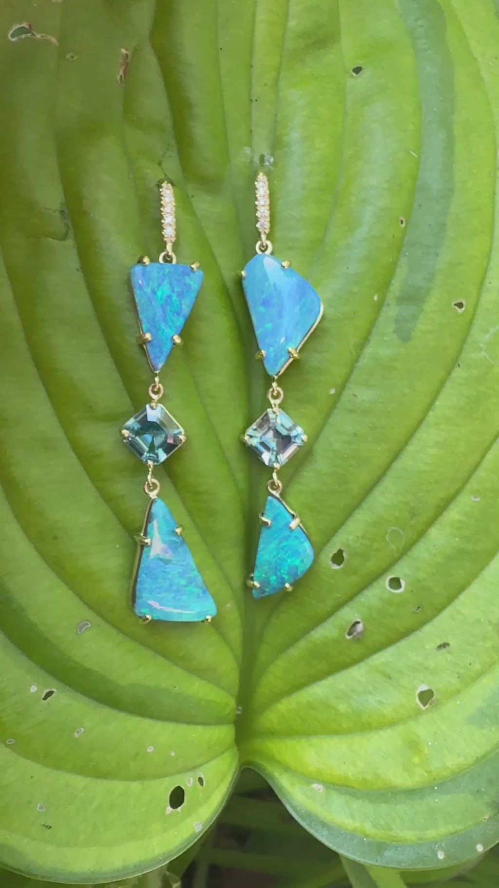 Boulder Opal and Blue Zircon Three Stone Joyce Earrings