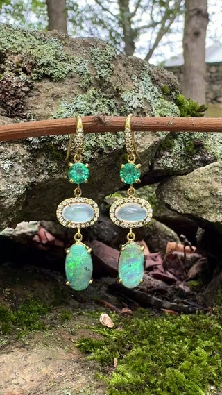 Emerald, Rainbow Moonstone and Boulder Opal Gemma Earrings