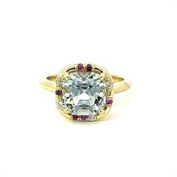 Cushion Cut Aquamarine and Pink Sapphire Sprinkle RIng