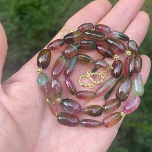 Smooth Oval Watermelon Tourmaline Chelsea Beaded Necklace