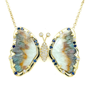 Carved Paraiba Tourmaline Butterly and Sapphire Sprinkle Necklace