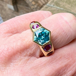 Blue Zircon, Purple Garnet and Spessartite Samira Ring