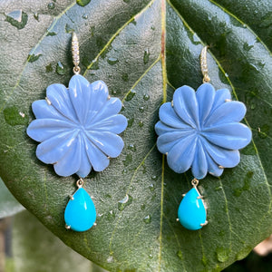 Carved Blue Opal Flower and Turquoise Joyce Earrings