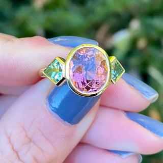 Pink and Green Tourmaline Triad Ring