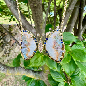 Carved Paraiba Tourmaline Butterly and Sapphire Sprinkle Necklace