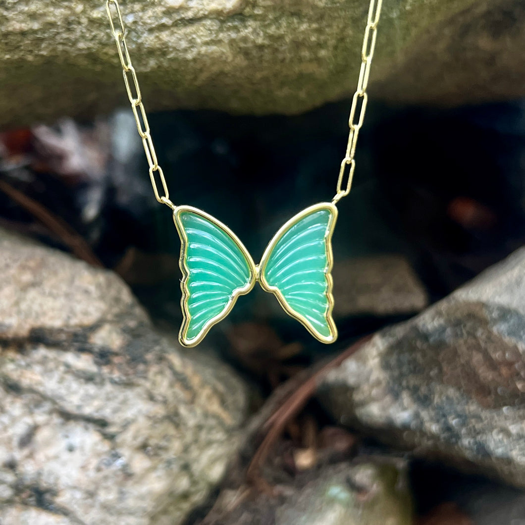 Carved Chrysoprase Butterfly Bea Necklace