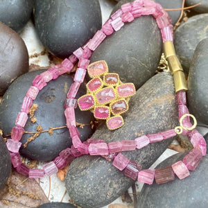 Tube Shaped Pink Tourmaline Beaded Necklace