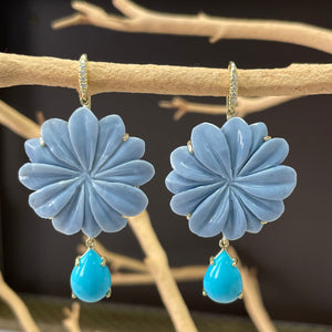 Carved Blue Opal Flower and Turquoise Joyce Earrings