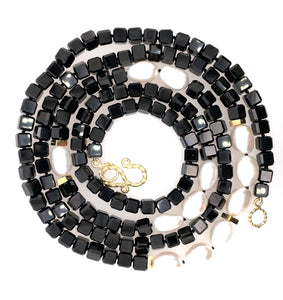 Cube Shaped Black Spinel and Freshwater Baroque Pearl Beaded Necklace